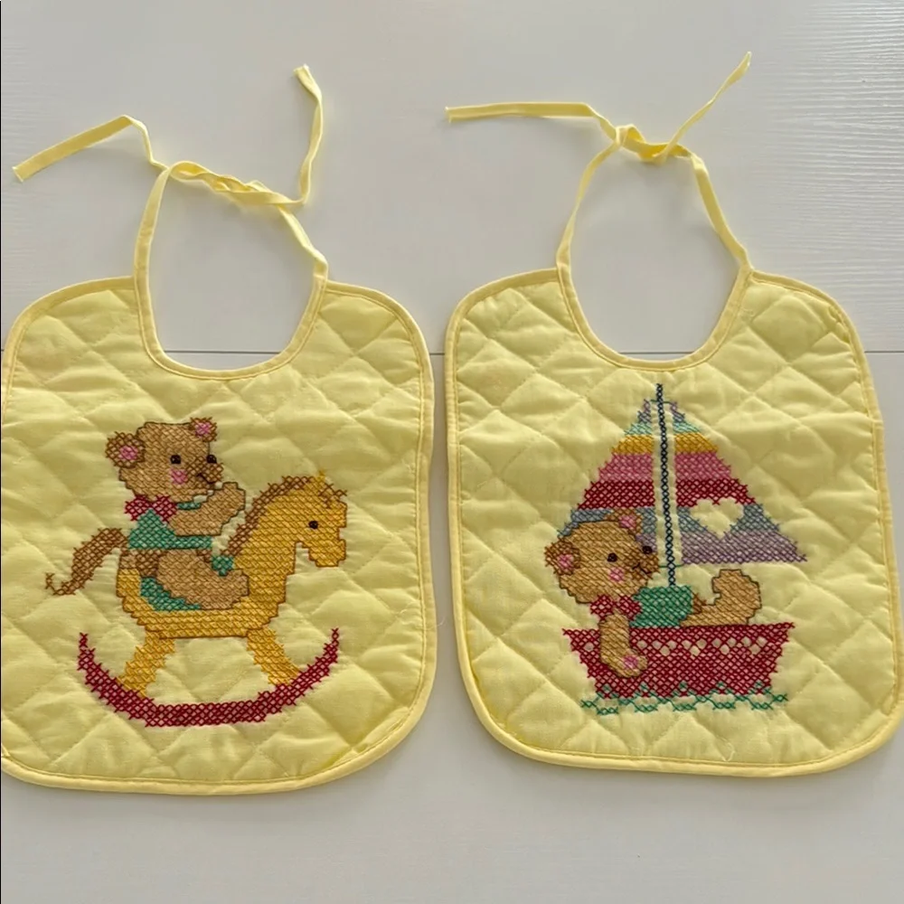 Vintage Cross Stitch Bid Bear Rocking Horse Sailboat Handmade 70s Yellow Quilted